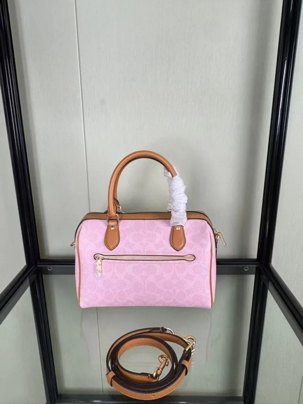 Coach Pink Signature Mini Satchel with Tan Trim and Floral Charm - Picture 4 of 5